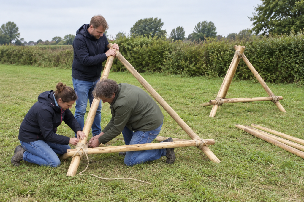 Team bouwt houten frames katapult